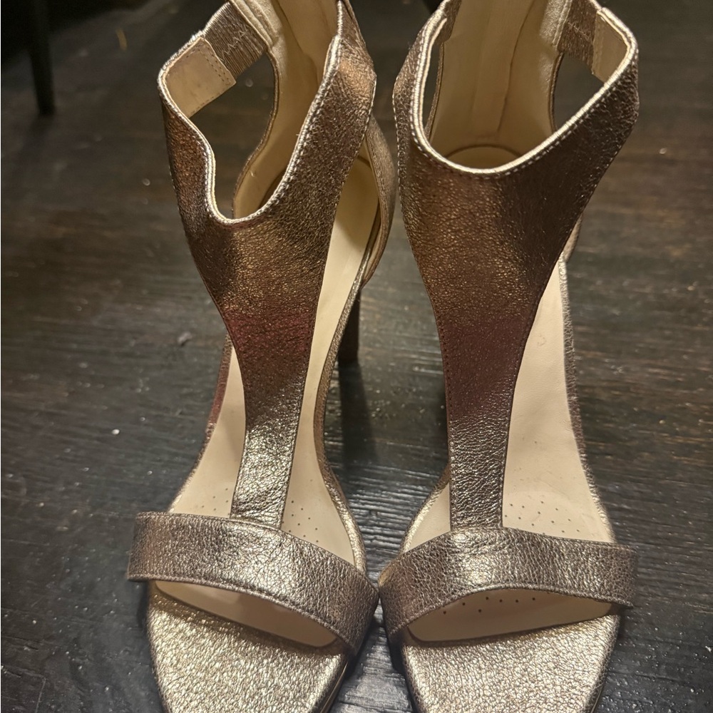 Chic Bronze High Heel Sandals size 8 y2k retro evening shiny party‎ date night